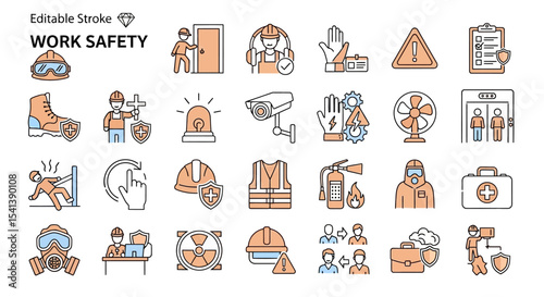 Comprehensive Editable Stroke Work Safety Icon Set  Prevention, Protection, and Emergency Response