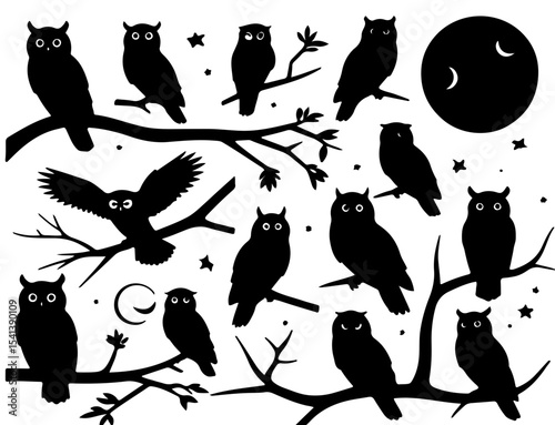 Owl Silhouettes with Moon and Tree Branches Collection