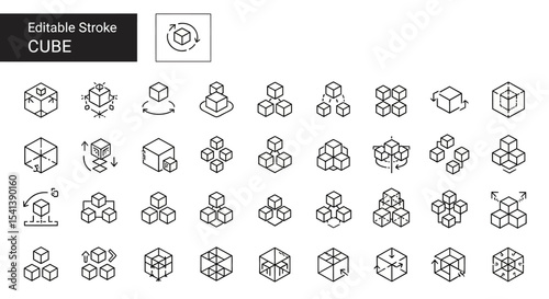 Editable Stroke Cube Icons 3D Cube, Rotation, Connection, Network, Group, Perspective, Isometric, Vector Illustrations