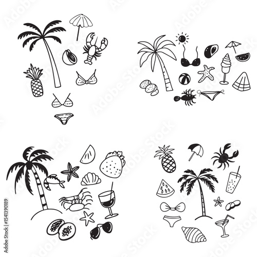  Hand drawn palm tree, fruit, lobster, seafood, shell, bikini, 
cocktail. Coastal collection for card, prints, wedding invitation.