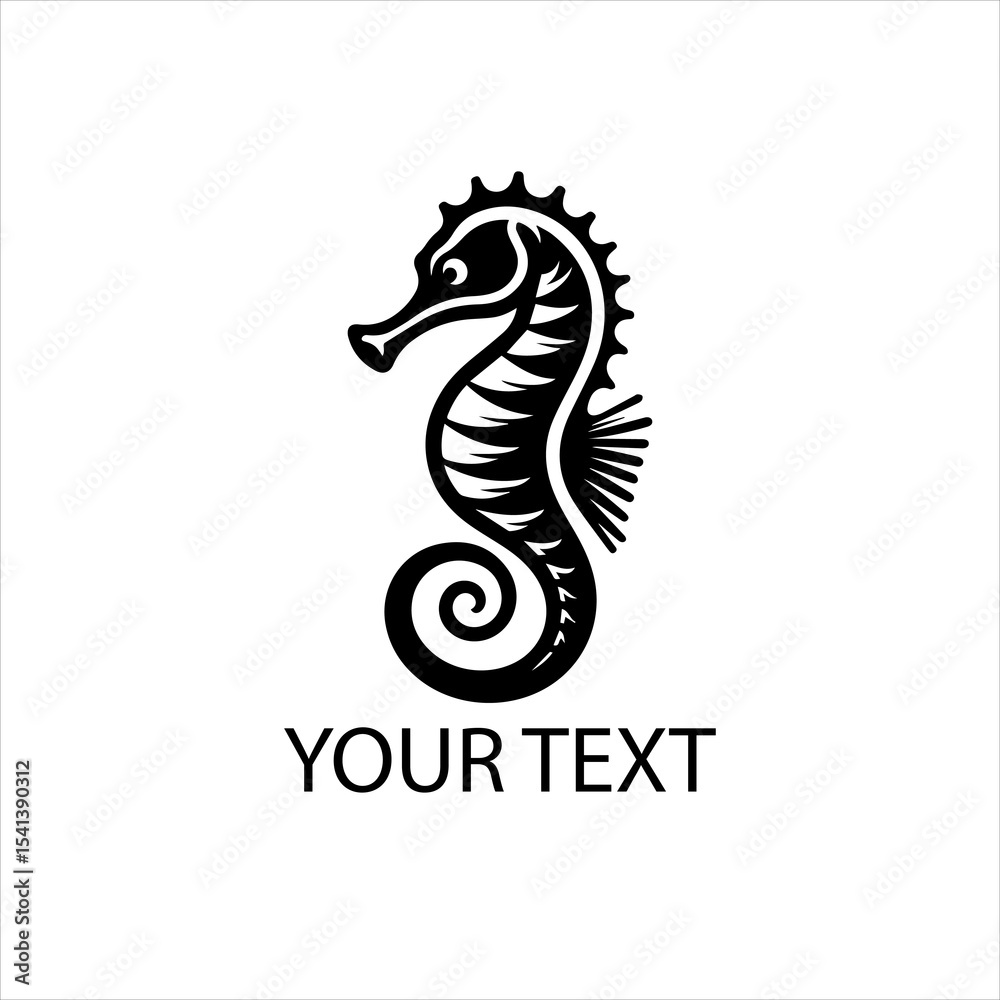 Obraz premium Black Vector Seahorse Logo Isolated on White Background for Marine Branding