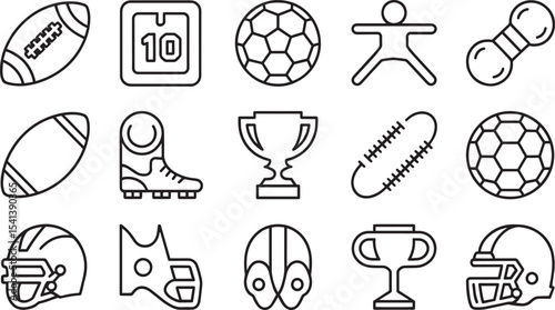 Black Line Art Sports Icons Set Football Soccer Trophy