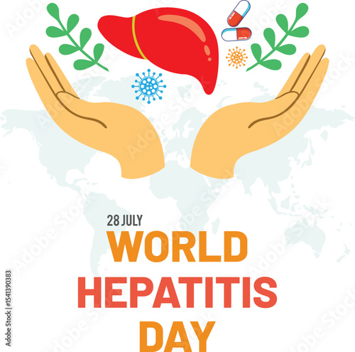 World hepatitis day illustration featuring liver hands and medical elements for awareness