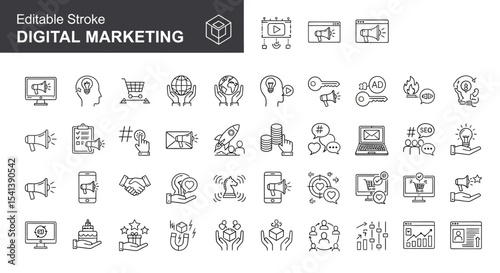 Editable Stroke Digital Marketing Icon Set 40+ Line Icons for Web and App Design