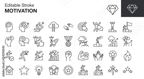 Editable Stroke Motivation Icons Success, Goals, Achievement, Inspiration Line Art Graphics