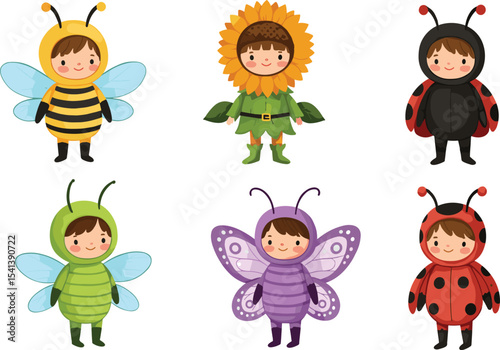 Cute kids in insect and flower costumes, cartoon children dressed as bee, butterfly, ladybug, sunflower, playful outfit illustration, nature theme, fun dress up