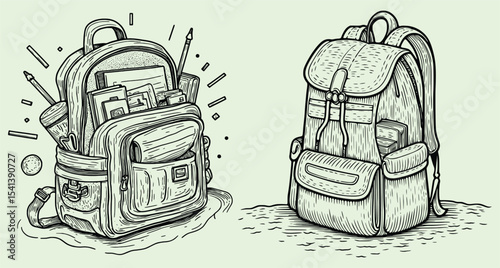 Vintage Backpack Illustration with Books and Scrolls