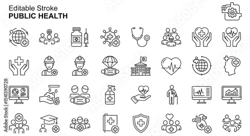 Public Health Icon Set Editable Stroke Vector Illustrations for Healthcare and Wellness