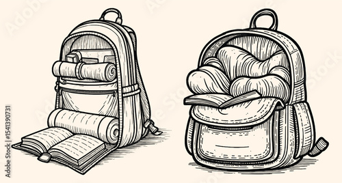 Antique Style Backpack and Book Sketch Set for Back to School Adventure