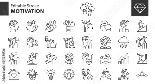 Editable Stroke Motivation Icons Success, Growth, Teamwork, Achievement, Leadership