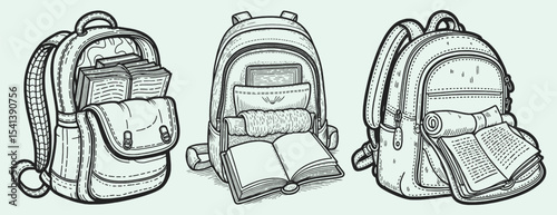 Engraved Hand-Drawn Backpacks Filled with Study Materials