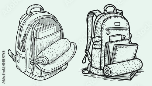 Retro Sketch of School Bag with Books, Papers, and Scrolls