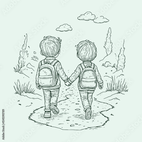Two Young Students Walking Hand in Hand on a Scenic Path with Backpacks for Back to School Adventure