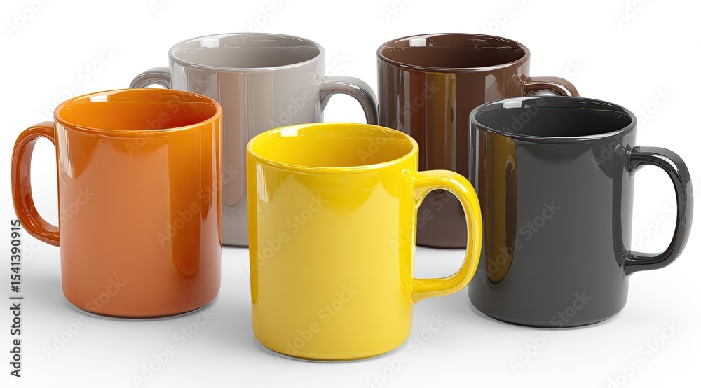 Colorful stack of mugs. Five vibrant mugs in various colors, displayed on a white background. Each mug features a simple, rounded shape, and a comfortable handle. Ideal for everyday use Colorful stack of mugs. Five vibrant mugs in various colors, displayed on a white background. Each mug features a simple, rounded shape, and a comfortable handle. Ideal for everyday use