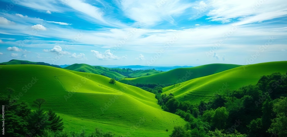 Obraz premium Emerald hills rolling under a vibrant green sky, sun-dappled forest floor, trees, untamed