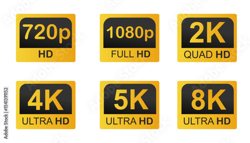 Video resolutions full ultra quad HD, video quality badge icon. Video resolution set.