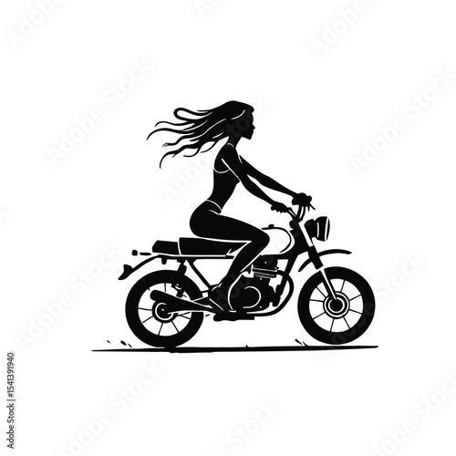 Motorcyclist with Flowing Hair Riding Classic Cruiser Bike, Dynamic Black Silhouette Vector Representing Speed, Freedom, and Adventure