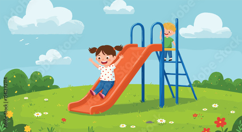 Cartoon kids playing on slide, fun at playground, children enjoying outdoor activity, sunny day in park, happy childhood moment, playground equipment, fun slide ride