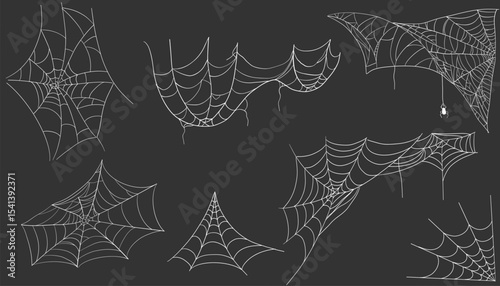 Spiderweb corner line white border, gothic scary hanging net frame on dark background. Simple spooky halloween decoration. Cobweb spider trap.