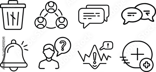 Eight Black Line Art Icons Depicting Trash Can Network Communication Chat Bubbles Bell Notification Question Mark Alert Graph and Plus Symbol