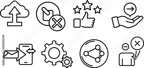 Eight Black Line Icons Depicting Cloud Upload File Deletion Thumbs Up with Stars Hand with Arrow Email on Smartphone Gears Network Connection and