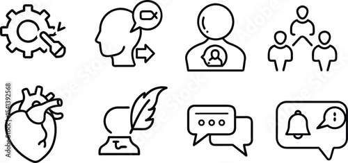 Eight Black Line Icons Depicting Gear Repair Head with Arrow Communication Team Heart Inkwell Pen Feather Chat Bubbles Notification Bell