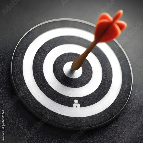 A minimalist black and white target with a red dart precisely hitting the bullseye at the center symbolizing success accuracy and achievement