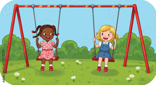 Cartoon girls playing on swings, happy children at playground, outdoor fun in park, summer activity, friendship moment, childhood joy, kids swinging together