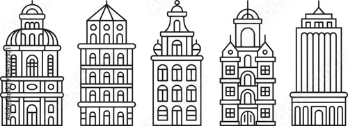 Five Black Line Drawings of Architectural Buildings