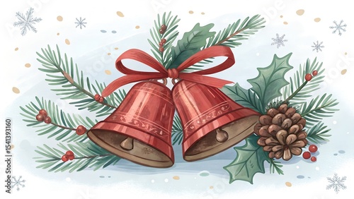 Classic Christmas Bells Tied with Festive Ribbon and Winter Foliage