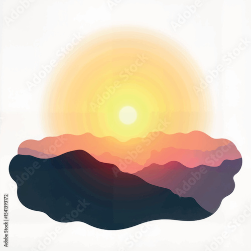 Glowing sunrise over hilltop silhouettes, serene nature illustration