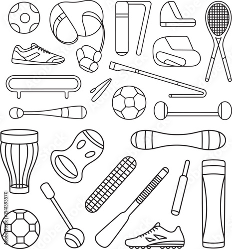 Five Minimalist Black Line Art Sports Icons Set black and white