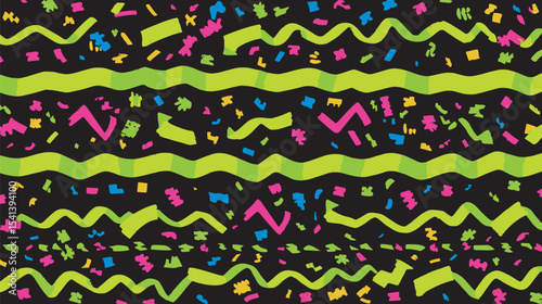 Bright ribbons cascade among confetti on dark backdrop celebration theme