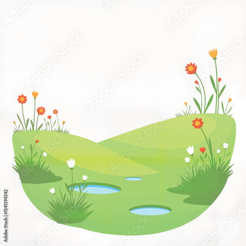 Vibrant early spring meadow with flowers and ponds, nature's renewal