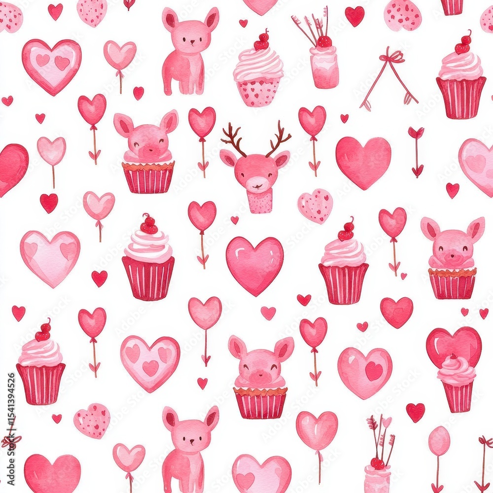 Whimsical Pattern of Hearts, Cups, and Cute Animals in Pink Tones Whimsical Pattern of Hearts, Cups, and Cute Animals in Pink Tones