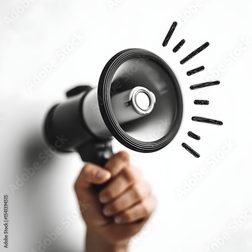 Close up view of a hand holding a black megaphone a tool used to amplify and project one s voice for making announcements public speeches or other forms of communication
