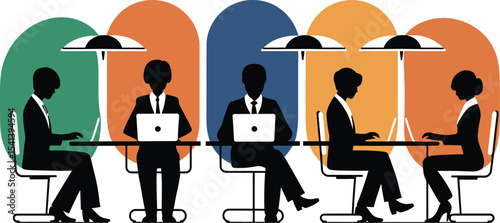 Four Businesspeople Working on Laptops Under Umbrellas
