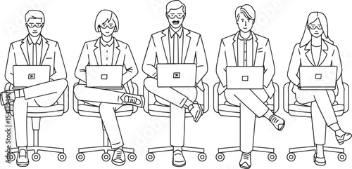 Line Art Businesspeople Laptops Office Chairs Black White