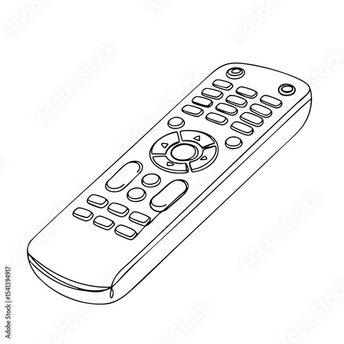 Vector line art of a television remote control with multiple buttons in perspective view 
