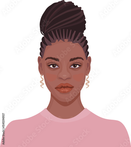 Detailed portrait of beautiful african woman. Attractive young female with stylish afro braids bun. Avatar for social media.