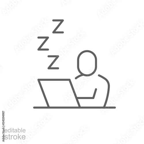 Remote worker sleep icon. Outline style thin line editable stroke symbol of tired person sleeping at laptop desk during work from home fatigue