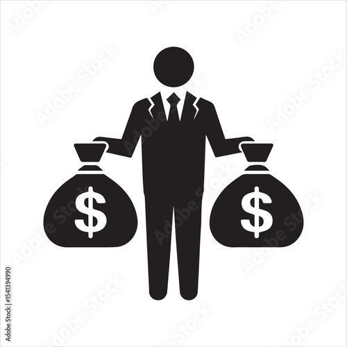 Rich businessman icon holding two money bags. Vector pictogram of a successful person in a suit with dollar sacks, symbolizing wealth, investment, and profit