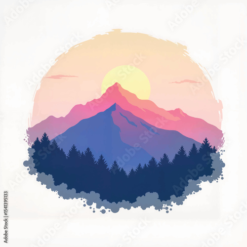 Layered mountain silhouette at dusk with sunset background, tranquility