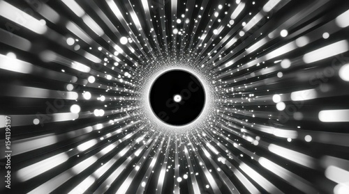 A black hole with thousands of glowing particles flying outwards, creating a tunnel effect. Contrasting black and white design. The theme is space and movement.