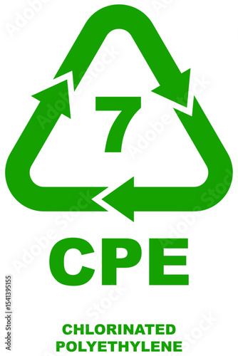 Plastic recycling code 7 for CPE, bold green triangular recycling symbol with arrows and letters CPE indicating the material.