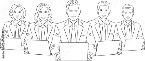 Line Art Illustration of Businesspeople Using Laptops