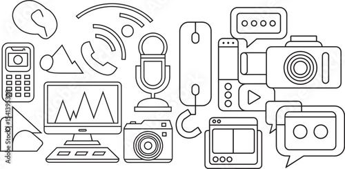 Line Art Silhouette of Communication Technology Devices