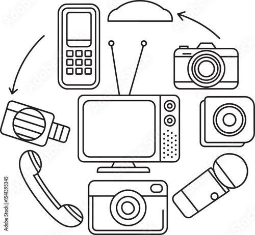 Line Art Retro Technology Icons Circle Arrangement