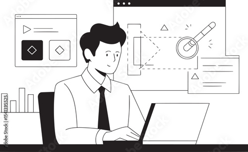 Man in Shirt and Tie Uses Laptop with Design Diagrams