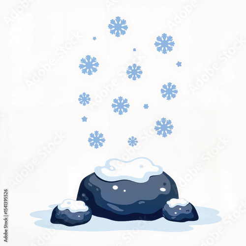 Snowflakes falling on rocks against white background, winter beauty